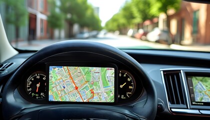 Wall Mural - GPS navigation on a car dashboard displaying a map under bright sunlight on a bustling street