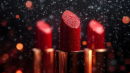 Close-up of vibrant red lipsticks with raindrops, creating a glamorous and fresh look on a dark background. Perfect for beauty marketing.