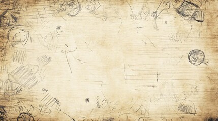 Beige wood surface with messy black scribbles, drawings, and scratches.