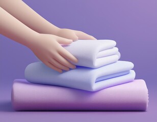 A hand gently places a folded white towel on top of a stack of folded towels, 3D illustration