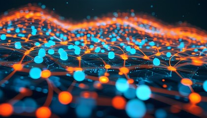 Wall Mural - Futuristic abstract network showcasing glowing blue and orange nodes and lines symbolizing digital data connectivity