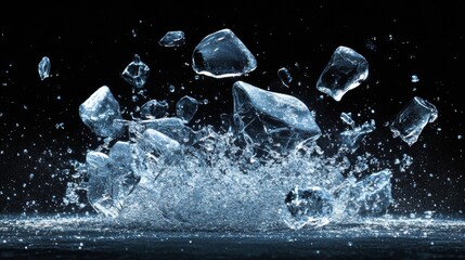 Ice Cubes Exploding and Splashing on a Black Background