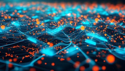 Wall Mural - Futuristic abstract network showcasing glowing blue and orange nodes and lines symbolizing digital data connectivity