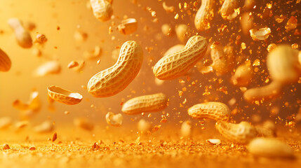 A vibrant display of peanuts falling amidst a golden backdrop, capturing the essence of snack time and natural ingredients.