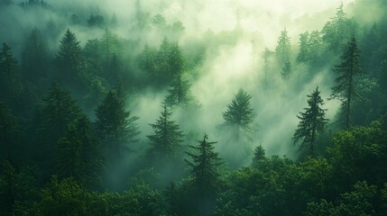 Wall Mural - Misty Evergreen Forest Canopy with Sunlight Filtering Through