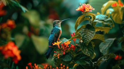 Rainforest Bloom: Colorful Hummingbird Perched Among Vibrant Tropical Flowers