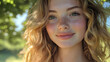 © Earny - A bright and cheerful portrait of a young woman with curly hair, smiling warmly against a natural background.