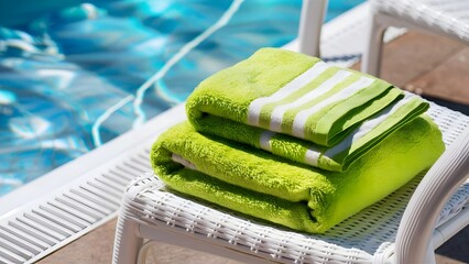 Lime Green Towel Folded on White Wicker Chair by Poolside