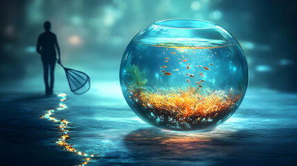Wall Mural - A serene scene of a person with a net and a glowing fishbowl, illuminated by sparkling lights creating an enchanting atmosphere.