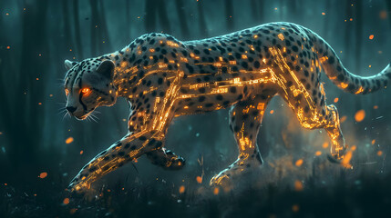 A majestic cheetah glowing with vibrant lights, blending magic and nature in an enchanting forest setting.