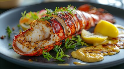 Wall Mural - Grilled Lobster Tail with Lemon and Sauce on a Plate