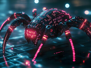 Wall Mural - futuristic robotic spider with glowing circuits and binary code, showcasing technology and innovatio