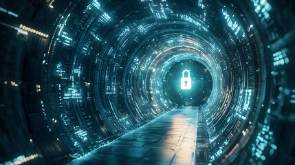 A futuristic tunnel with digital patterns and a glowing lock symbol, representing security and technology in a high-tech environment.