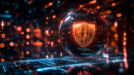 Wall Mural - a futuristic digital sphere with a glowing shield, symbolizing security and technology in a vibrant,