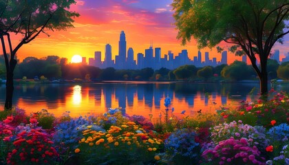 Vibrant urban park showcasing colorful flowers, lush trees, and a serene lake at sunset against a stunning city skyline