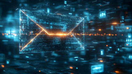 Wall Mural - futuristic email concept with glowing digital envelope surrounded by data streams and binary code fo