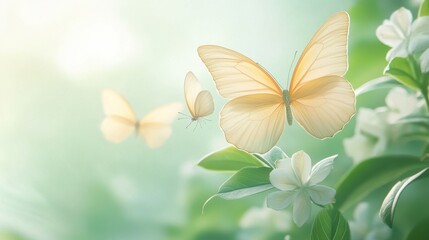 Wall Mural - Three butterflies are flying around a flower