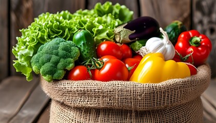 Harvest of fresh vegetables in a burlap sack set against a charming rustic wooden backdrop