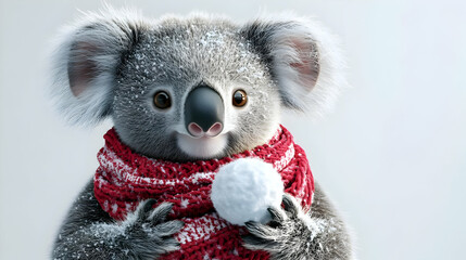 Wall Mural - Adorable koala wearing a red scarf, holding a snowball, creating a charming winter scene filled with cuteness and joy.