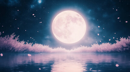 Wall Mural - a full moon with sakuras flower and sea at night.