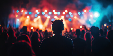 Wall Mural - A vibrant festival scene captures excitement of crowd enjoying live performance, with colorful lights illuminating atmosphere. energy is palpable as attendees immerse themselves in experience