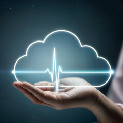 Medicine and cloud technologies. A digital cloud with a heartbeat line symbolizes secure cloud storage for patient data in healthcare.