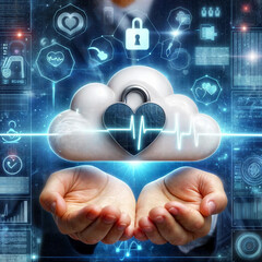 Medicine and cloud technologies. A digital cloud with a heartbeat line symbolizes secure cloud storage for patient data in healthcare.