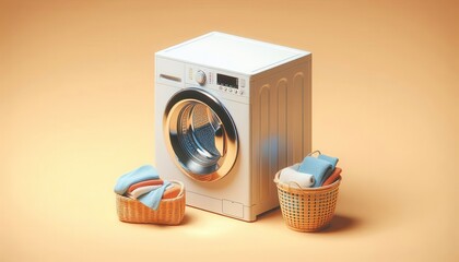 A washing machine with two wicker laundry baskets filled with clothes on a beige background..Concept: Laundry day essentials, showcasing a clean and minimalist aesthetic.