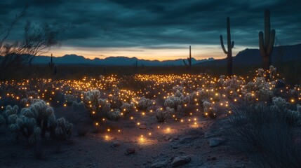 Sticker - A serene desert landscape illuminated by glowing flowers at dusk.