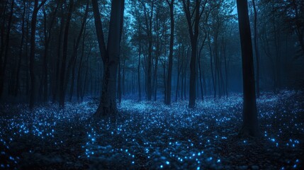 Canvas Print - A serene forest scene illuminated by glowing blue lights among the trees.