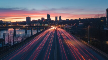 Sticker - A vibrant cityscape at dusk with light trails from traffic and a colorful sky.