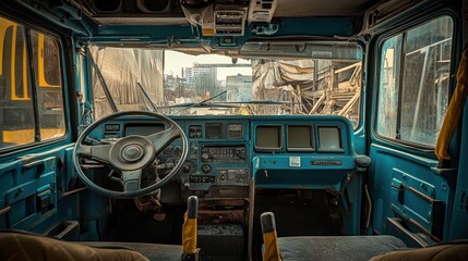 Interior view of a blue industrial vehicle, showcasing controls and seating in a work environment.