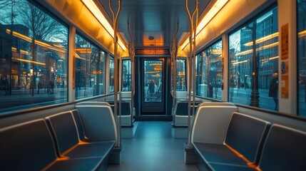 Canvas Print - A quiet interior of a public transportation vehicle with empty seats and city views outside.