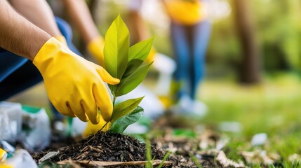 Gardener s hands tenderly nurturing plants in a lush eco friendly outdoor garden setting long title The image depicts the hands of a gardener