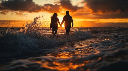 Wall Mural - A couple walks hand-in-hand along the beach at sunset, waves crashing around them.