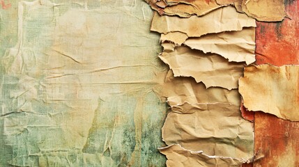 Close-up of a weathered, worn, and torn, tan paper surface with a green textured background.