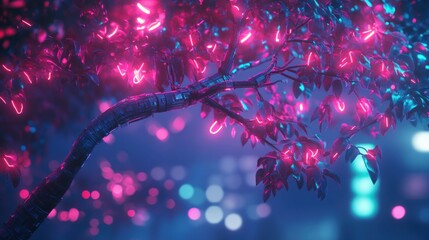 Wall Mural - A vibrant, illuminated tree with glowing leaves in a dreamy, colorful environment.