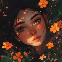 Poster - A portrait of a young woman surrounded by vibrant flowers, evoking beauty and nature.