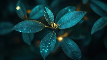 Poster - Close-up of luminous leaves with a mystical glow and sparkling details.