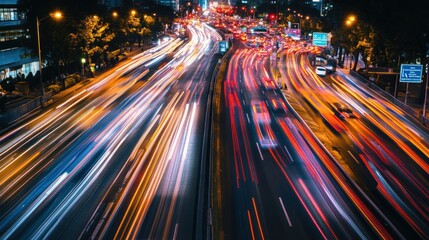 Sticker - A bustling city highway at night, showcasing vibrant light trails from moving vehicles.