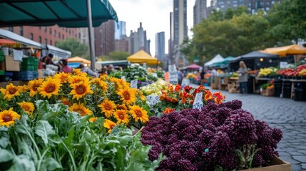 Sticker - A vibrant farmers' market with fresh produce and colorful flowers in an urban setting.