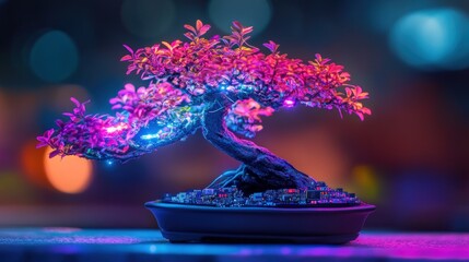 Poster - A vibrant bonsai tree illuminated with colorful lights, showcasing art and nature.