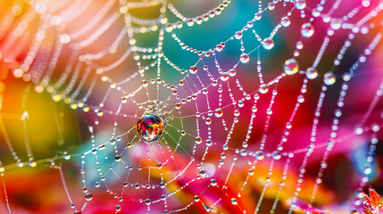 A spider web covered in morning dew droplets against a vibrant rainbow colored background, capturing the beauty of nature. Macro photography.