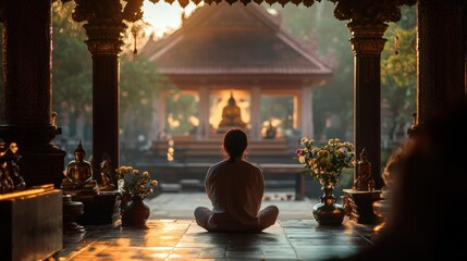 Serene meditation scene in a temple, with a focus on peace and spirituality.