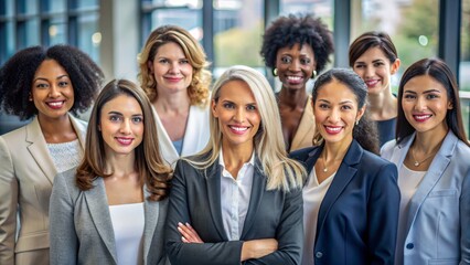 A diverse group of women, all dressed to impress, congregate in a trendy office setting to sit for