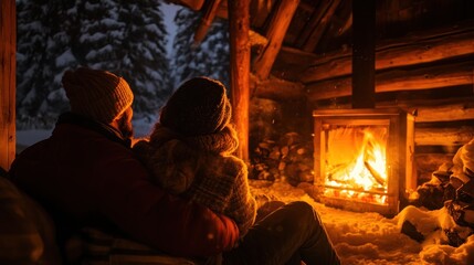 Canvas Print - A cozy couple enjoys warmth by a fire in a snowy cabin.