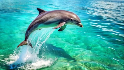 Wall Mural - Adorable dolphin leaping from the surface in a splash of sparkling turquoise water