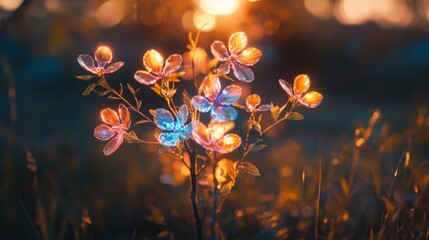 Poster - A vibrant flower arrangement illuminated by sunset, showcasing nature's beauty.