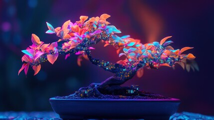 Wall Mural - A vibrant bonsai tree illuminated with colorful lights against a dark background.