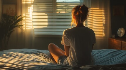 A person sitting on a bed, bathed in warm sunlight, reflecting a serene morning atmosphere.